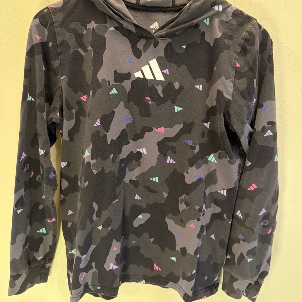 Adidas Kids Multicolor Camo Hoodie - Black and Gray-size L (14-16)